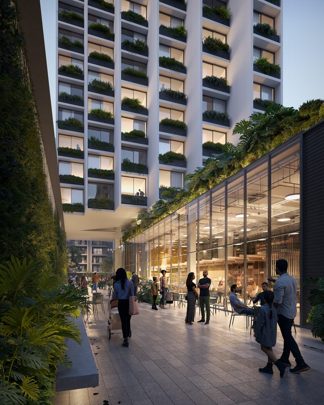 Render de um empreendimento residencial ao entardecer